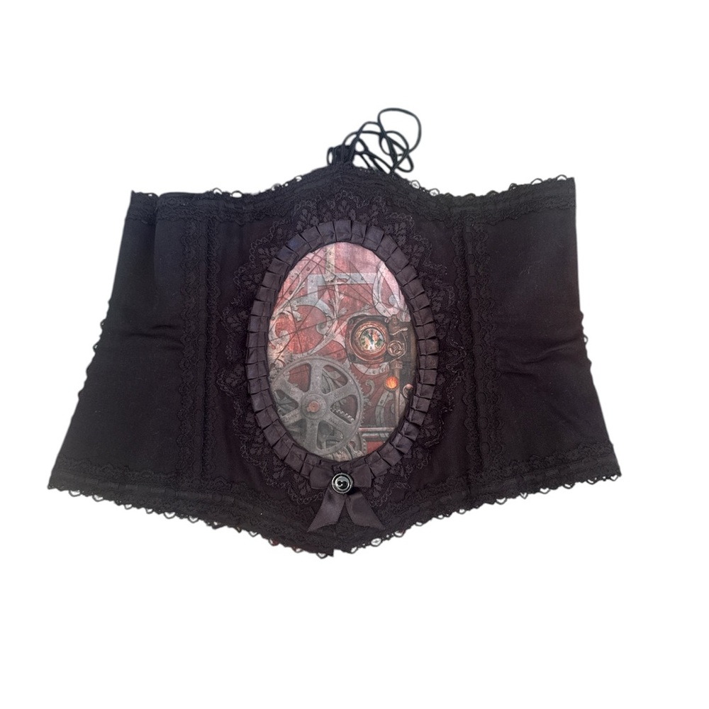 Steampunk Louise Black Lace Corset Belt with clock gears in front